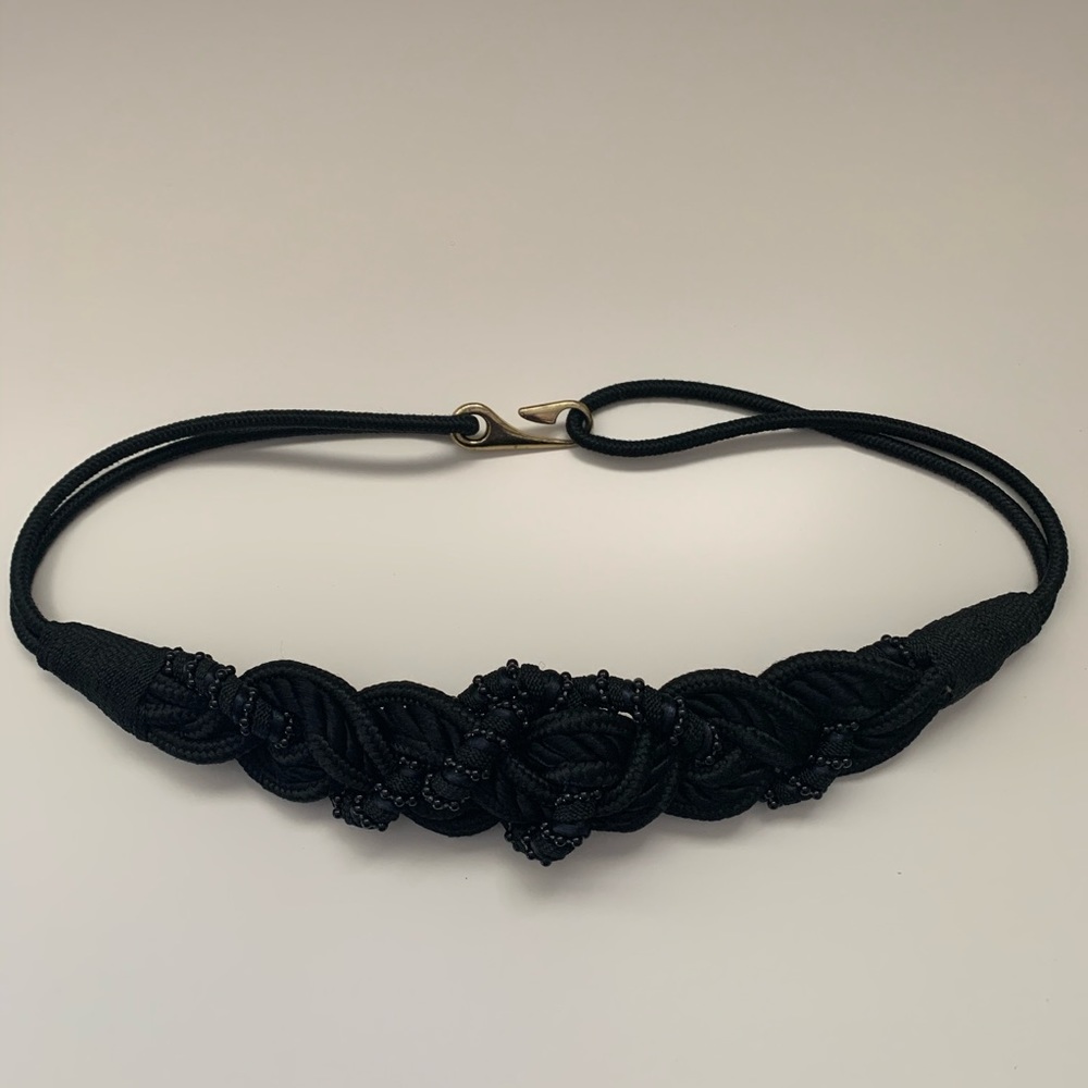 Crocheted Black Belt with Braiding and Beads
